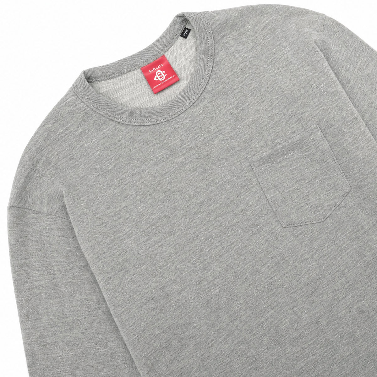 Heather gray long-sleeve t-shirt with crew neck and chest pocket, slub texture