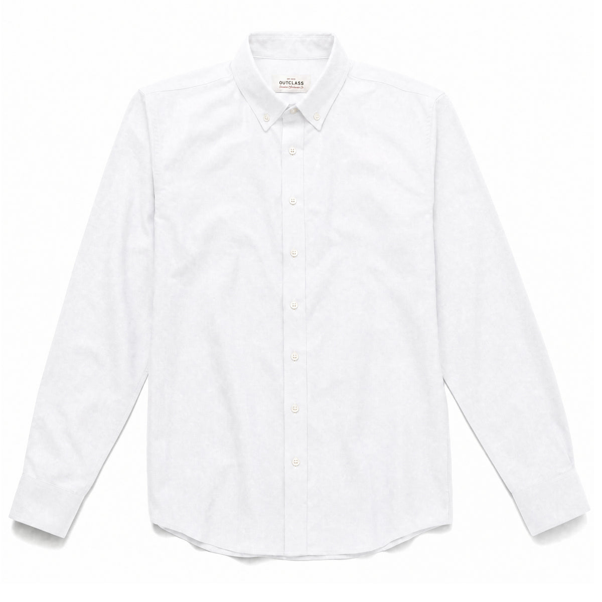 White Oxford button-up shirt with spread collar and long sleeves