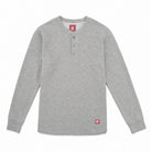 Heather grey slub long-sleeve henley with small chest logo patch