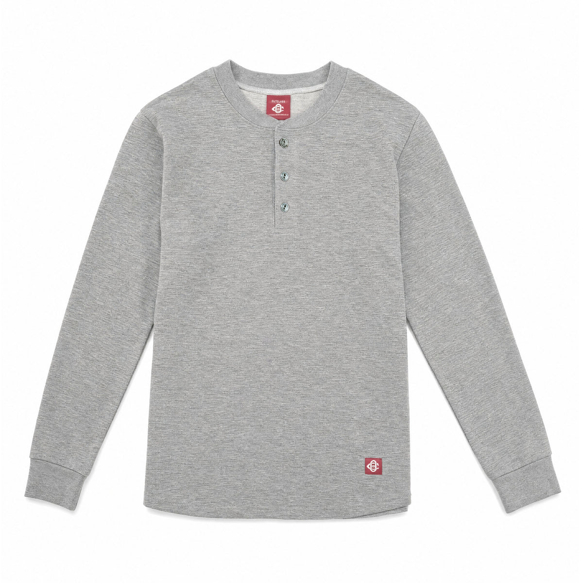 Heather grey slub long-sleeve henley with small chest logo patch