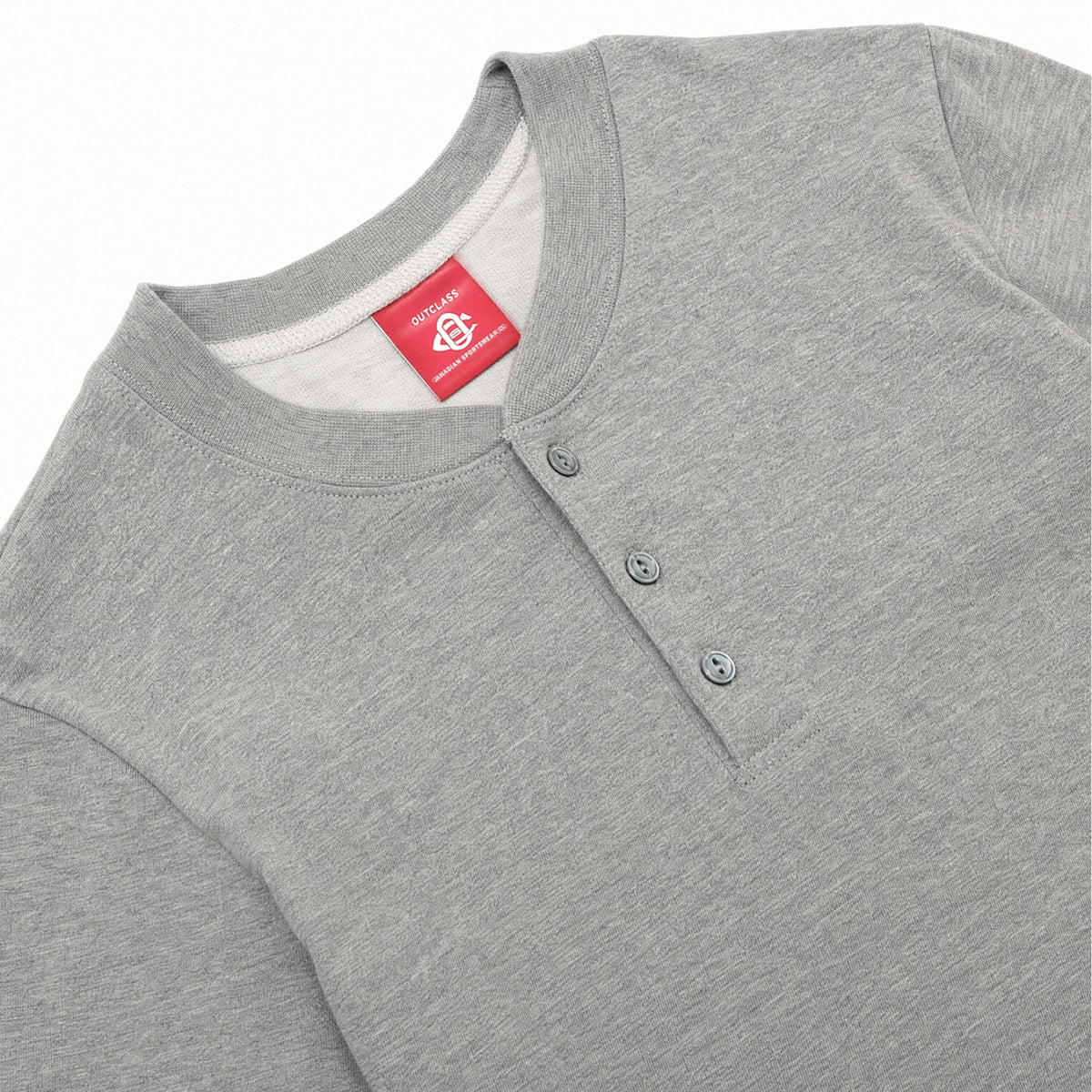 Heather grey slub long-sleeve henley with three-button placket and crew neckline