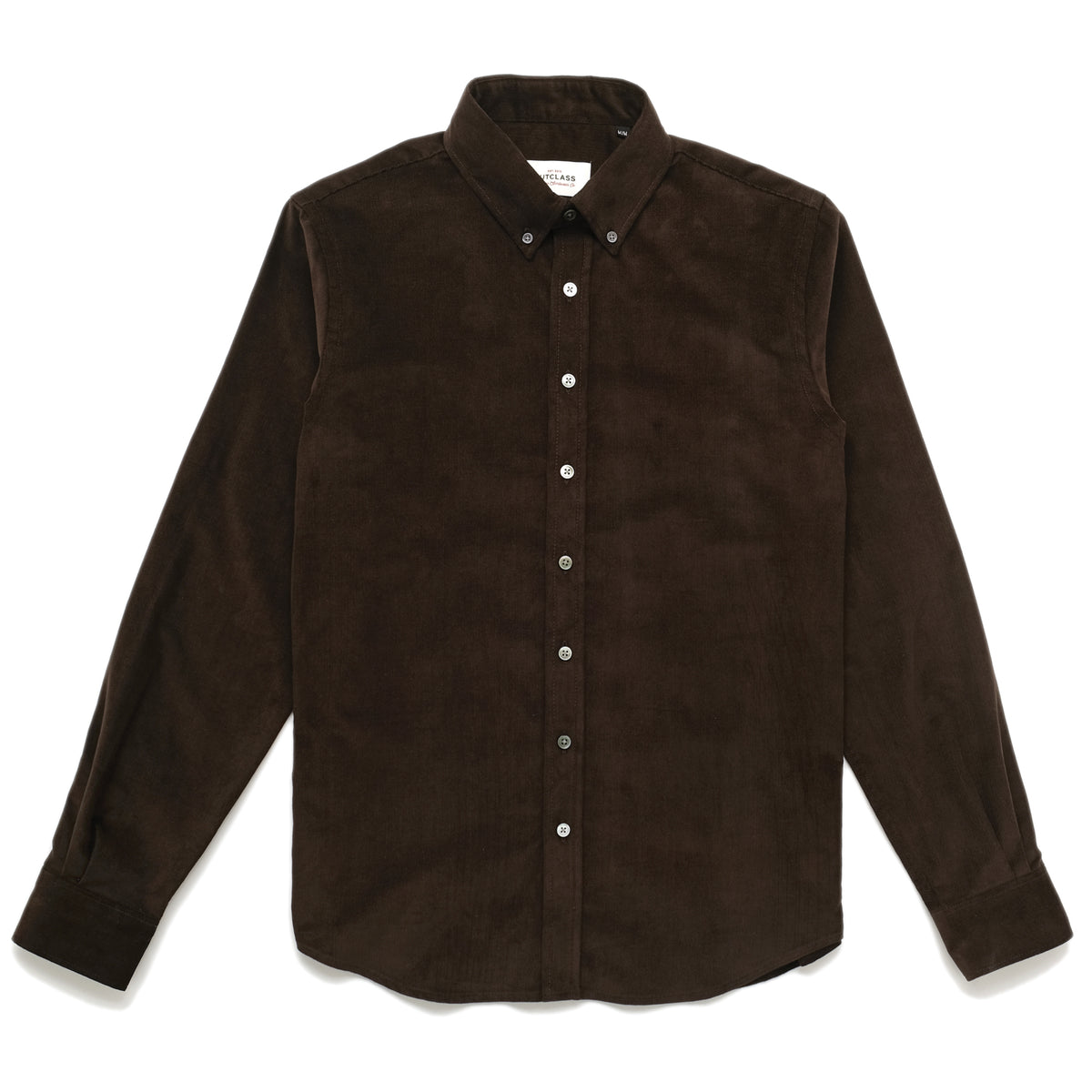 Baby corduroy button-up shirt in dark mocha brown, long sleeves, front buttons