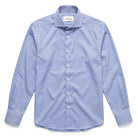 Blue twill dress shirt with spread collar and button front