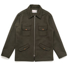 Olive wool field jacket with zip front, button flap pockets, and pointed collar