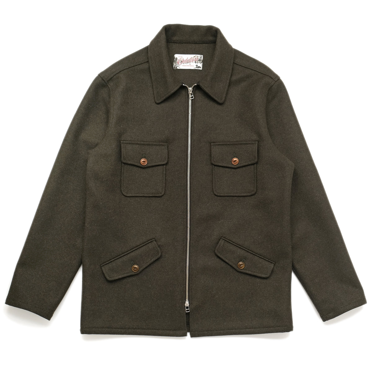 Olive wool field jacket with zip front, button flap pockets, and pointed collar