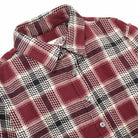 Maroon and cream plaid button-up shirt with folded collar and metal buttons