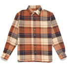 Plaid easy shirt with button front and point collar, rust, navy, and cream