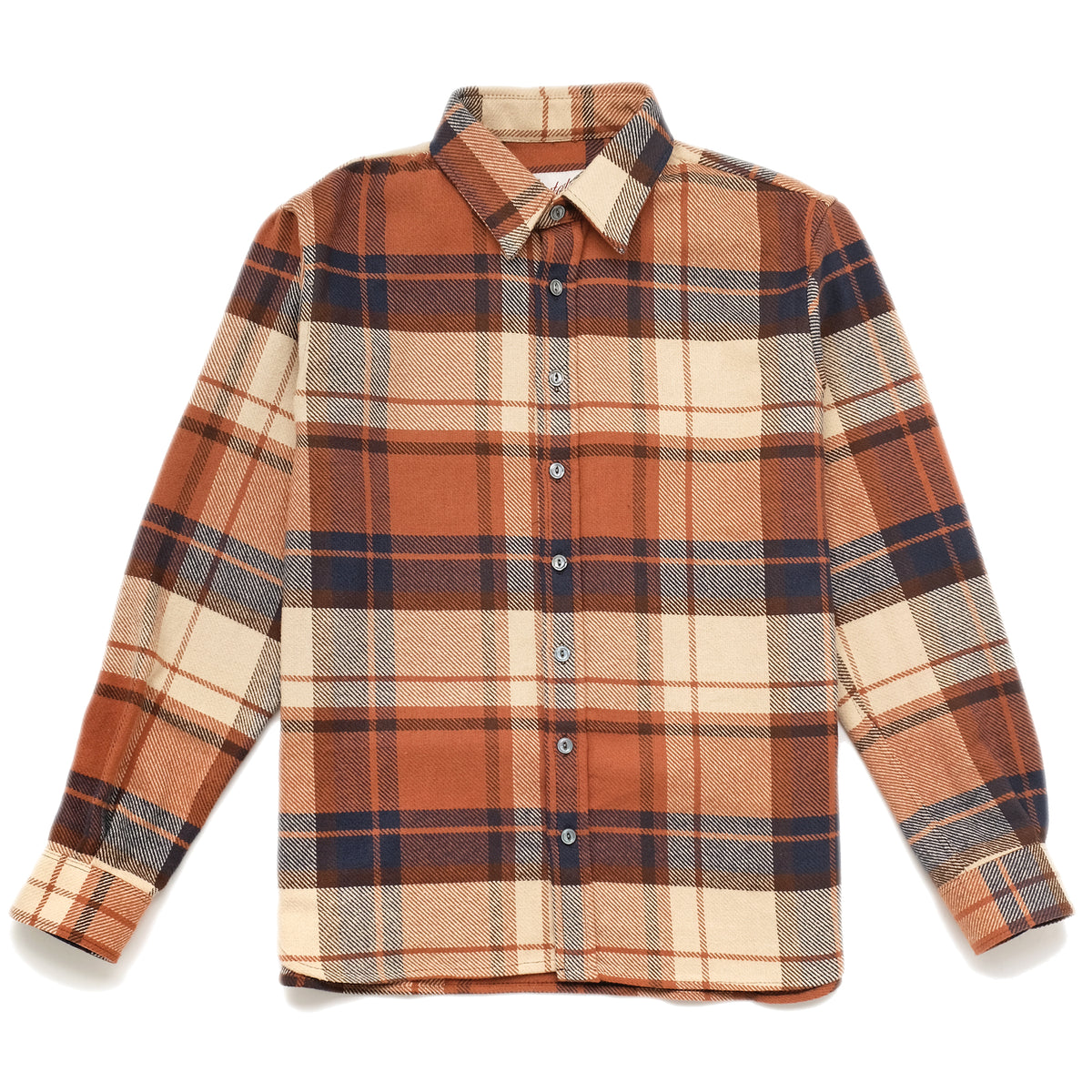 Plaid easy shirt with button front and point collar, rust, navy, and cream