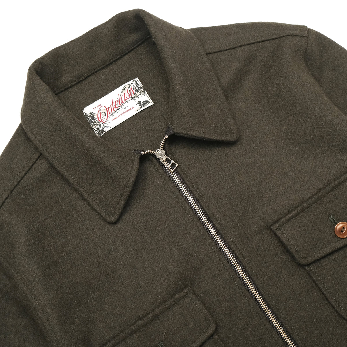 Olive wool field jacket detail with front zipper and button flap pockets