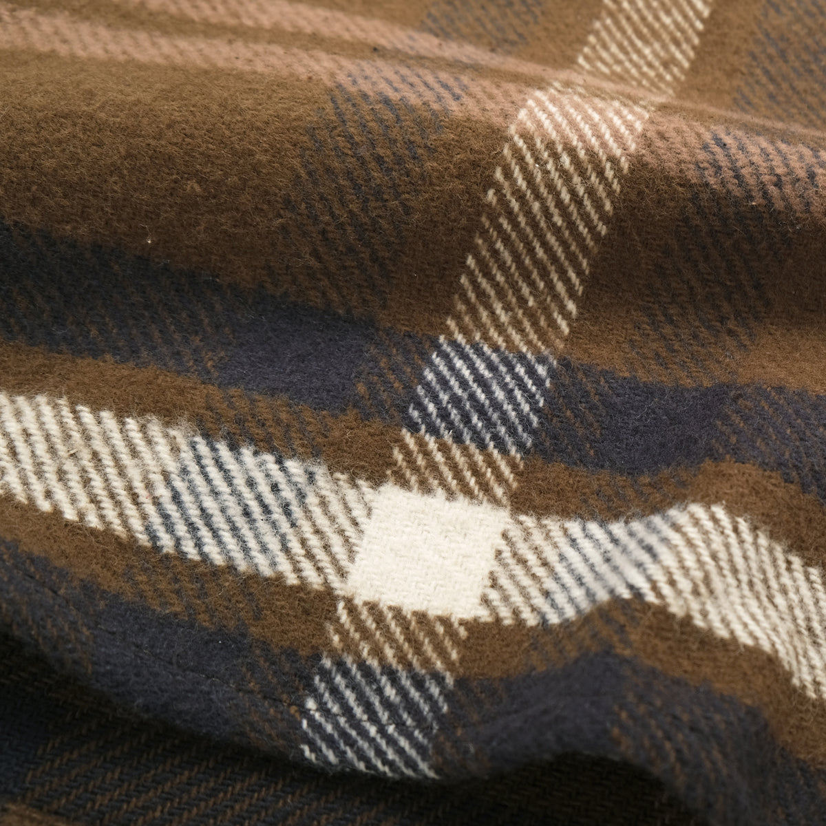 Close-up of brown and navy plaid woven flannel fabric