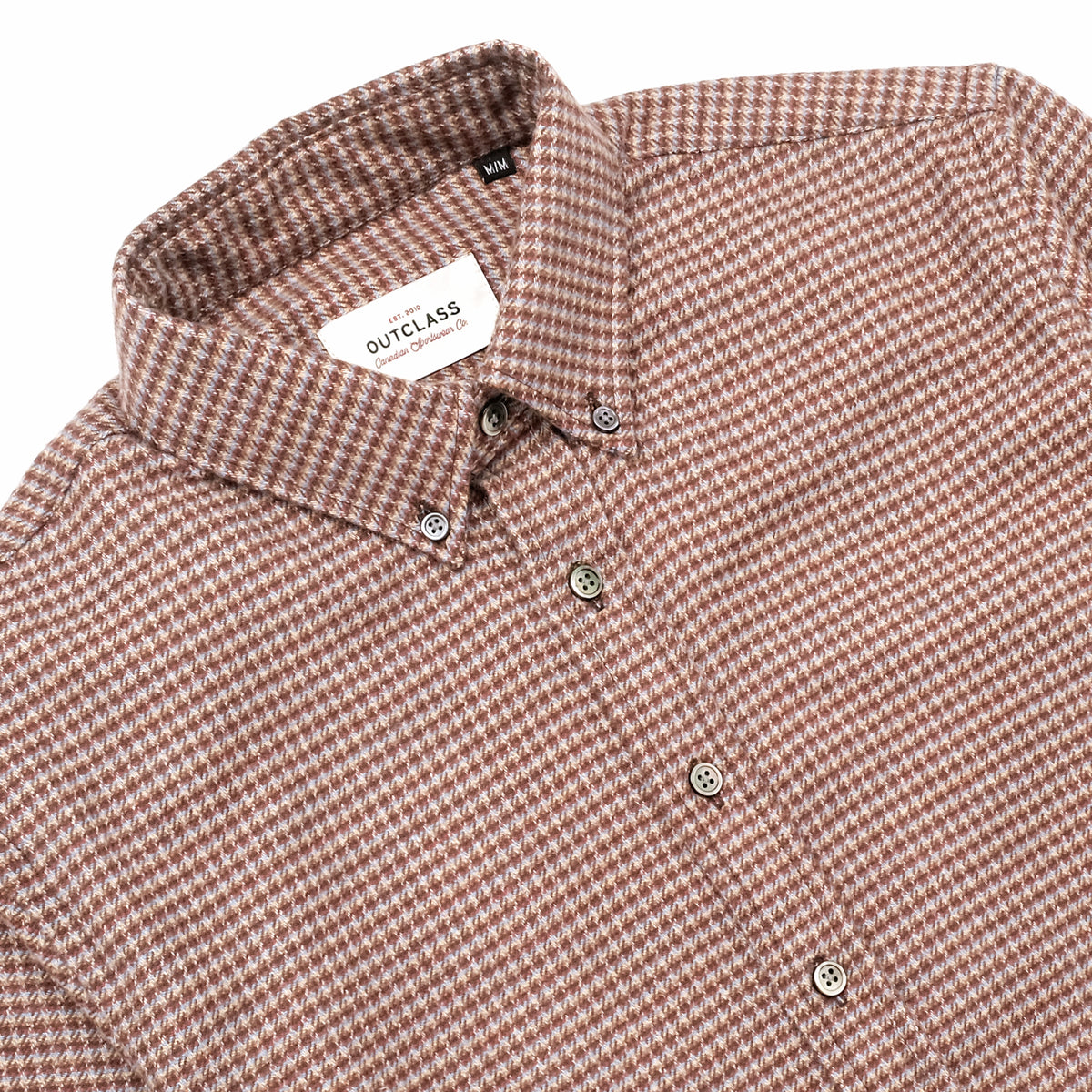 Micro check flannel shirt close-up with spread collar and visible button placket