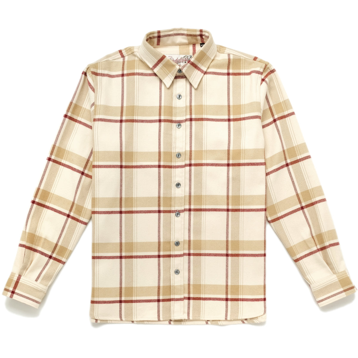Ecru plaid flannel easy shirt with button front and long sleeves