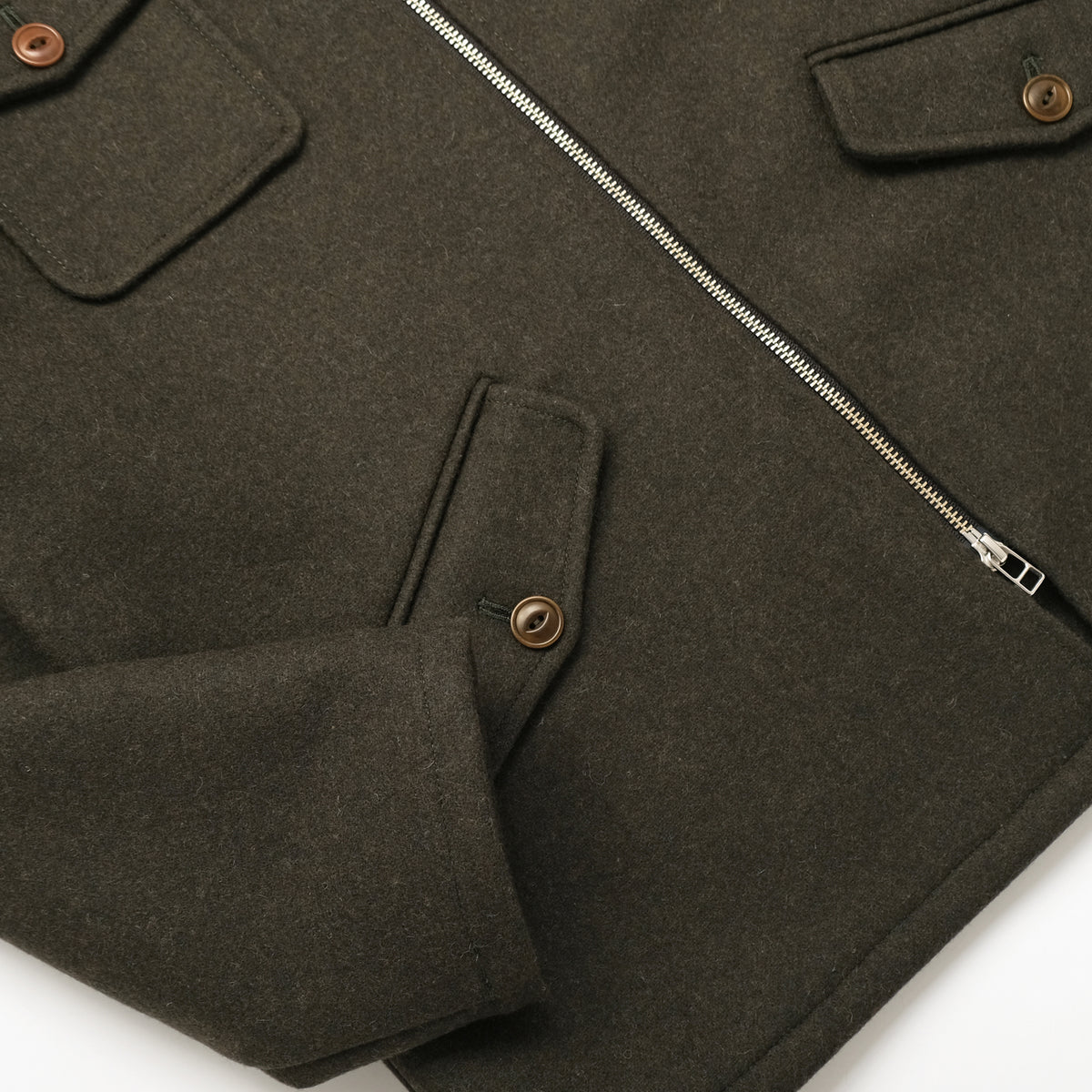Olive wool field jacket detail with flap pocket, snap buttons, and zipper
