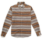 Striped button-up long-sleeve shirt with pointed collar and brown, gray, blue lines