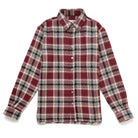 Maroon plaid button-up shirt with long sleeves and point collar