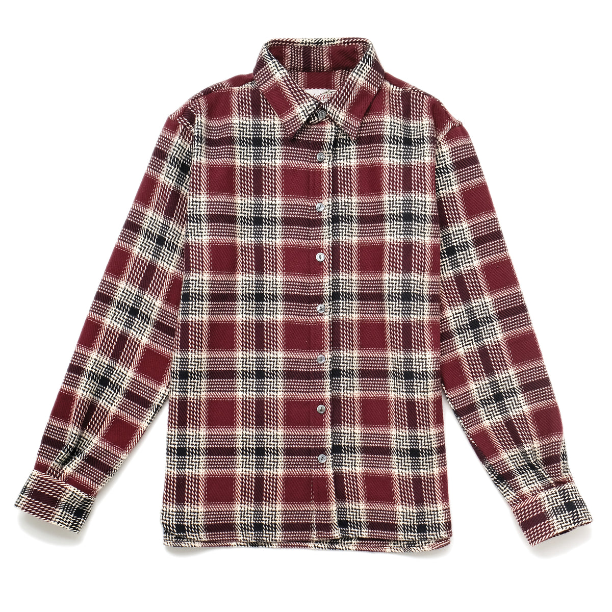 Maroon plaid button-up shirt with long sleeves and point collar