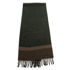 Dark green scarf with horizontal brown stripe and long fringe