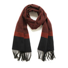 Maroon and black striped scarf with fringe ends