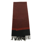 Maroon and black striped scarf with long fringe hem