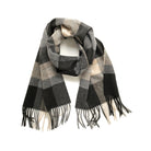 Plaid charcoal and cream scarf with soft fringe ends, folded loop style