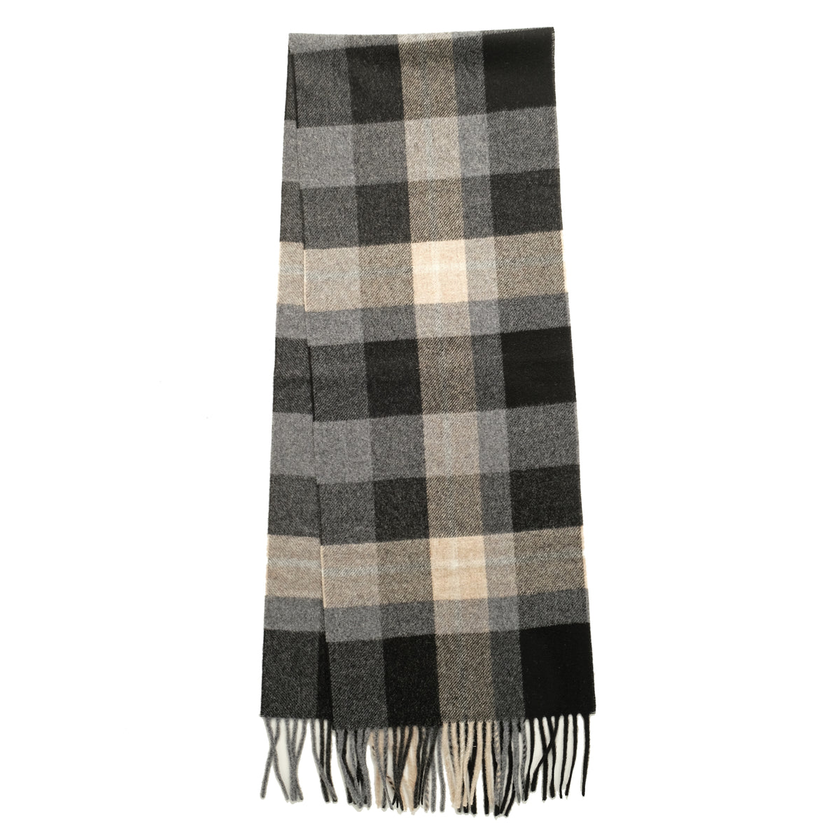 Charcoal plaid scarf with beige and gray checks, long fringe border
