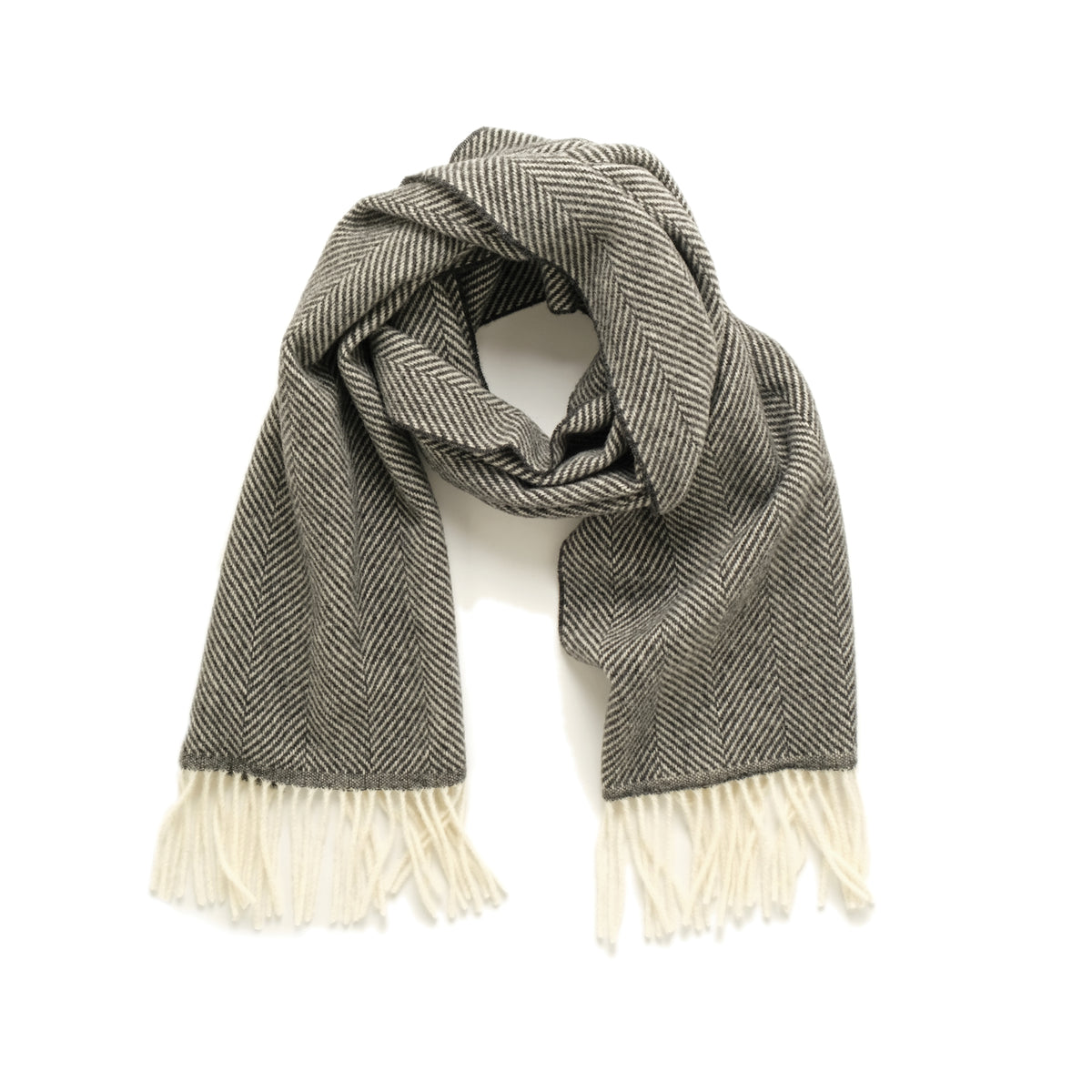Charcoal herringbone scarf with fringed ends, folded