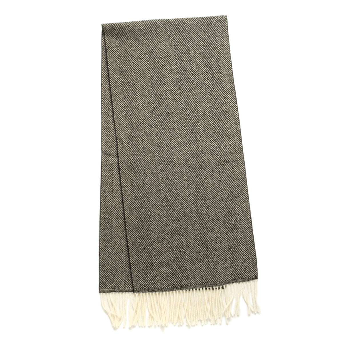 Charcoal herringbone scarf with fringed hem, straight laid