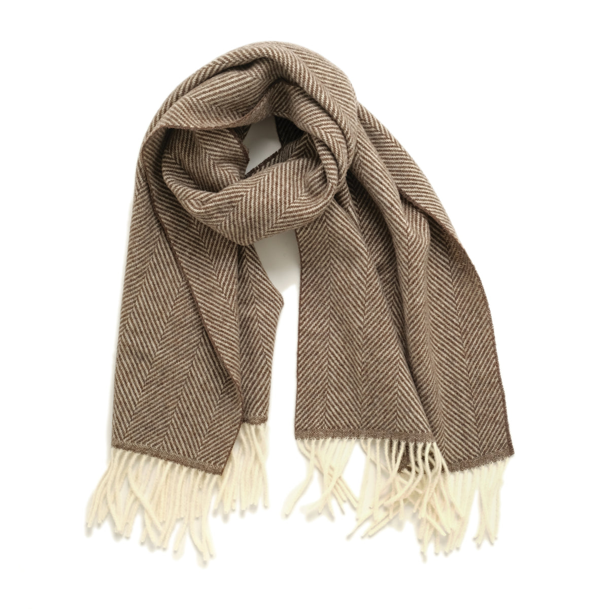 Herringbone scarf in taupe brown with fringed ends, draped for display