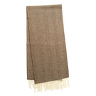 Herringbone scarf, taupe-brown zigzag weave with white fringe on hem