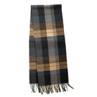 Plaid scarf with navy, tan, and gray blocks, flat with fringed hem