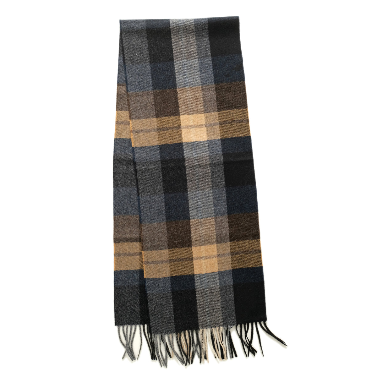 Plaid scarf with navy, tan, and gray blocks, flat with fringed hem