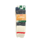 Wool marled camping sock on retail card, cream cuff with red trim, dark blue knit.