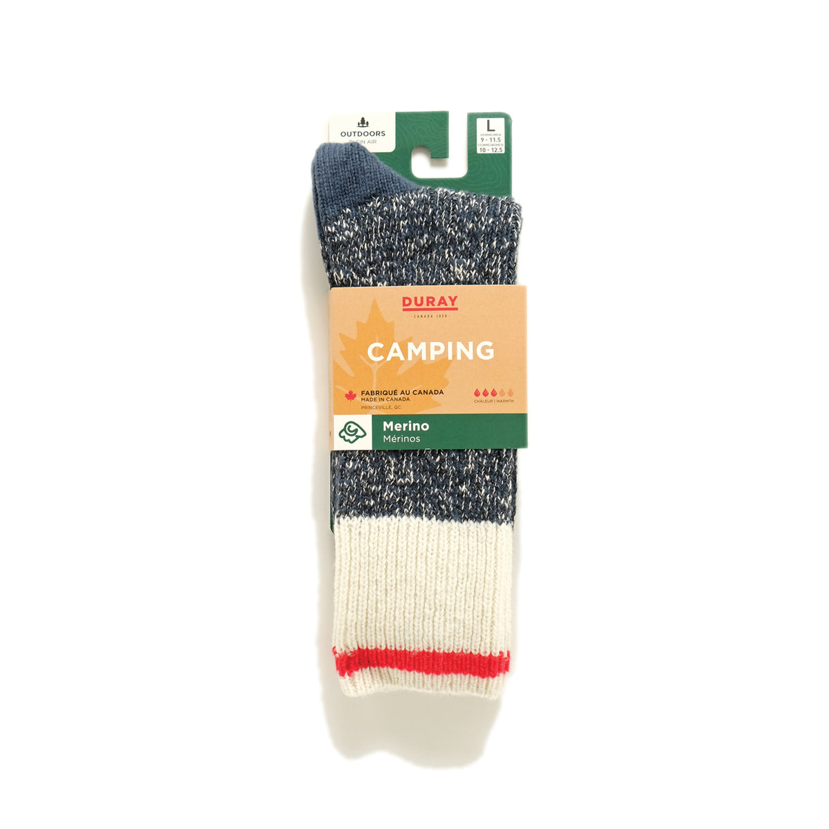 Wool marled camping sock on retail card, cream cuff with red trim, dark blue knit.