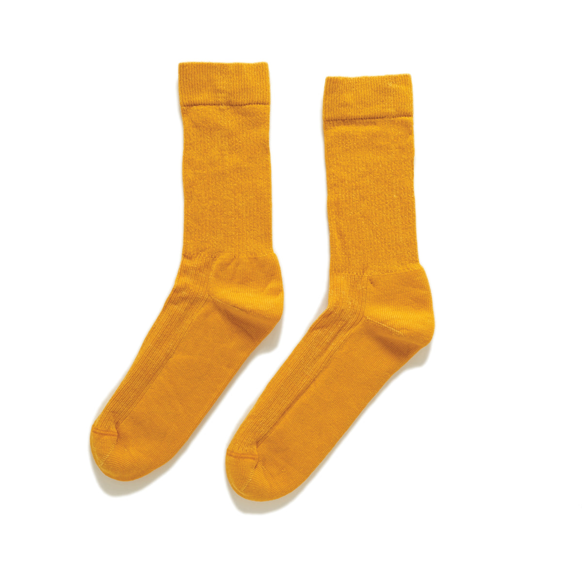 Yellow merino office socks, pair view, ribbed crew cuffs, knit texture