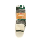 Merino wool camping socks on card, heather gray with green cuff and cream stripe, size L