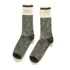 Marled wool crew camping socks, cream cuff with dark green and heather gray legs