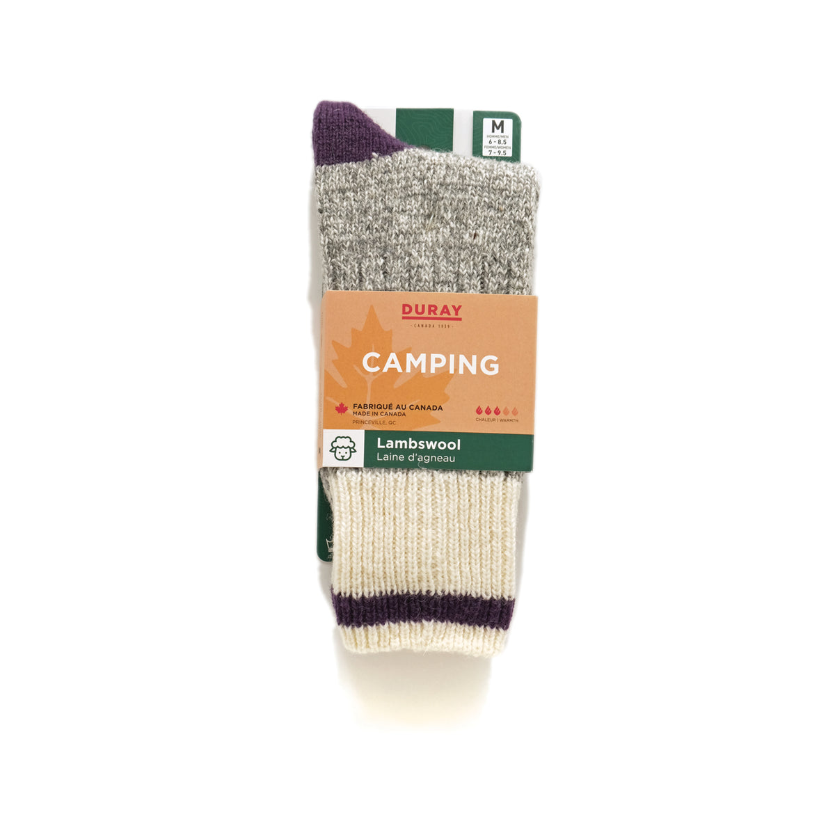 Wool camping sock pair with cream ribbed cuffs, heather gray body, purple trim tag