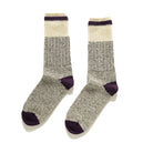 Wool camping socks, heather gray with purple toe and heel, ribbed cream cuffs