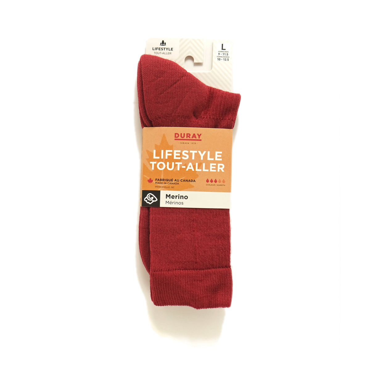 Red merino crew socks on retail packaging, size L, DURAY LIFE STYLE TOUT-ALLER