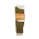 Green merino crew sock on retail card, size L label on top