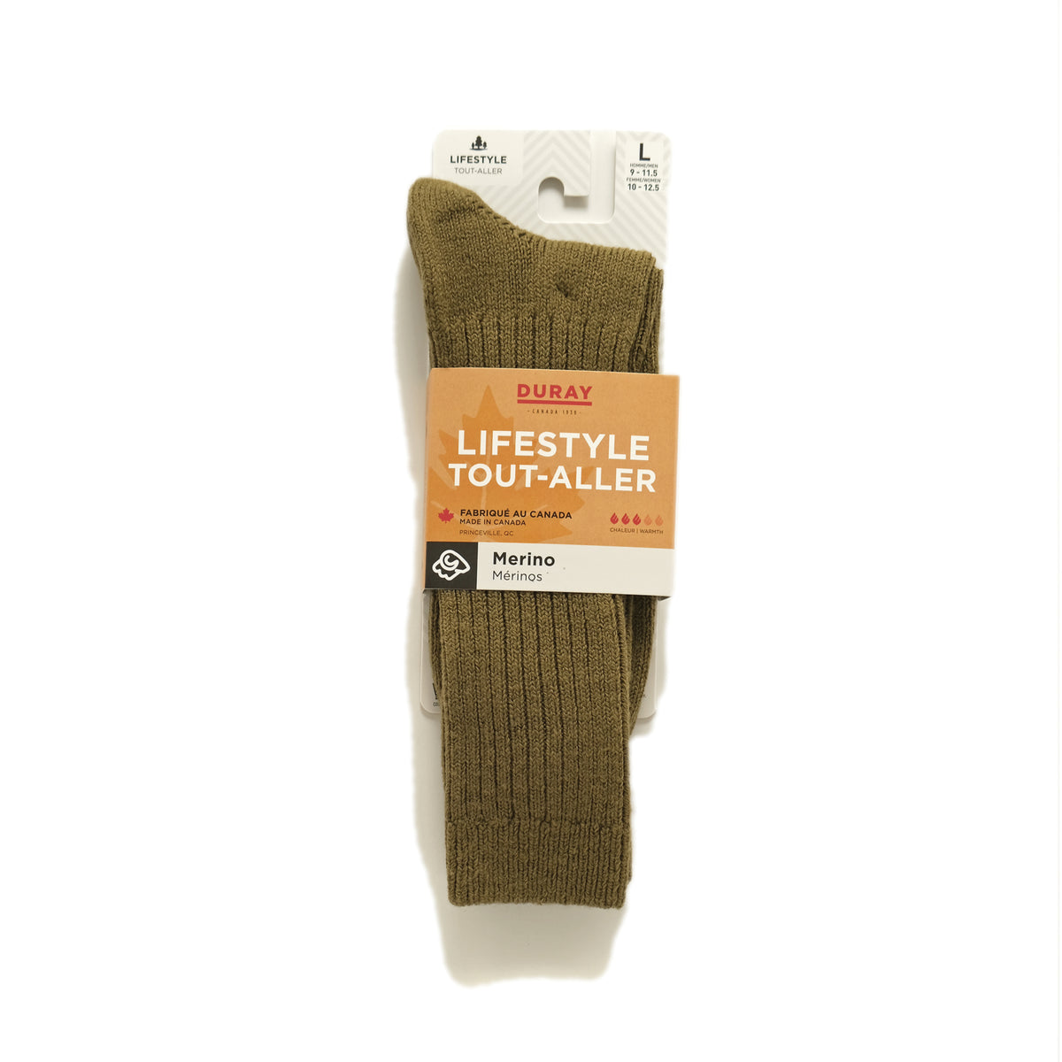 Green merino crew sock on retail card, size L label on top