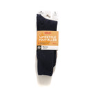 Packaged navy merino crew socks, ribbed knit and ribbed cuff, size L