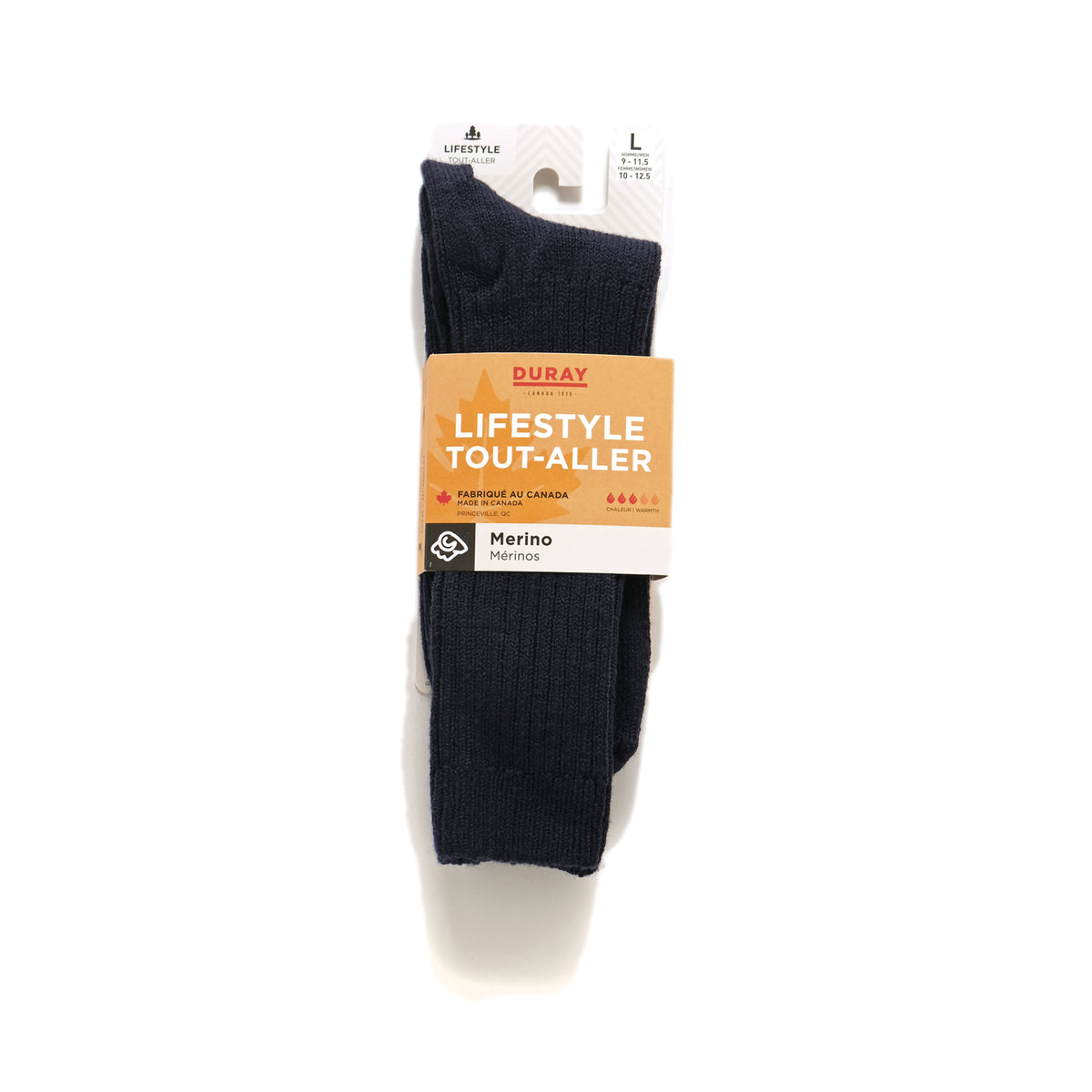 Packaged navy merino crew socks, ribbed knit and ribbed cuff, size L
