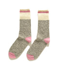 Pink and gray wool camping socks with cream ribbed cuffs and pink toe/heel