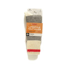 Merino wool lumberjack crew socks with red, gray, and cream striped bands