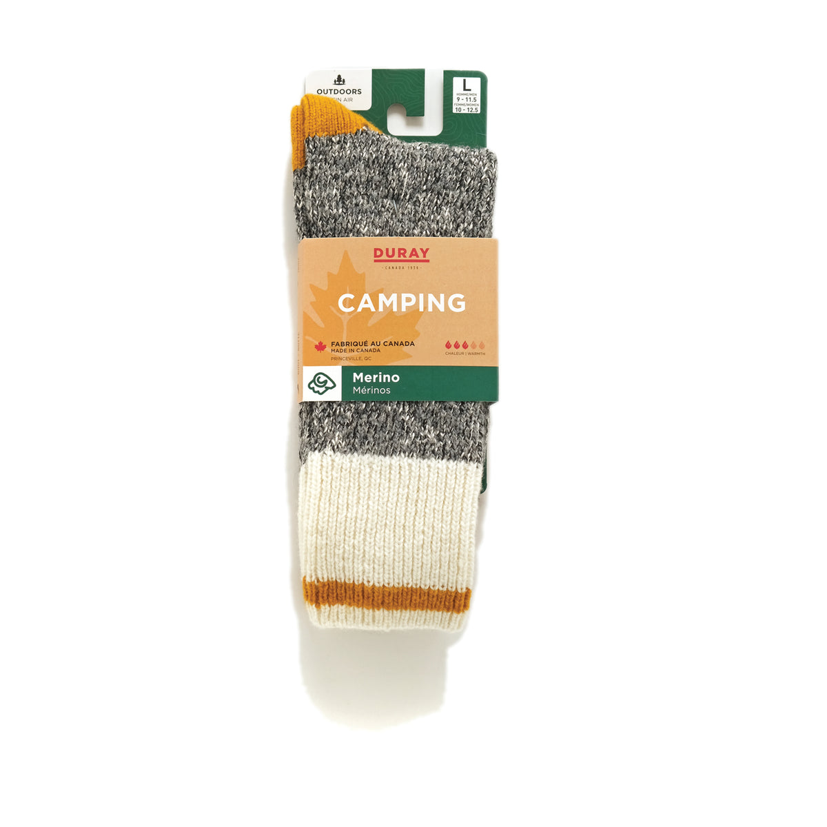 Marled wool camping sock with cream ribbed cuff, gray leg, and orange heel/toe