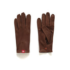 Brown leather dress gloves, pair shown front and back, snap button at wrist