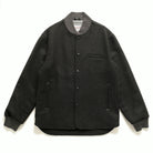 Charcoal stadium jacket with snap front, stand collar, and two front welt pockets