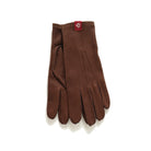 Brown leather dress glove with stitched fingers and dark cuff