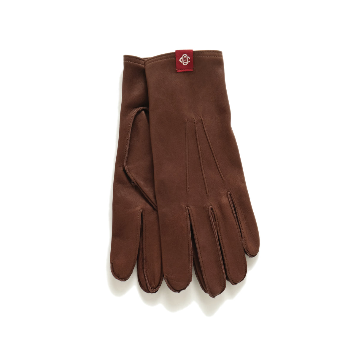 Brown leather dress glove with stitched fingers and dark cuff